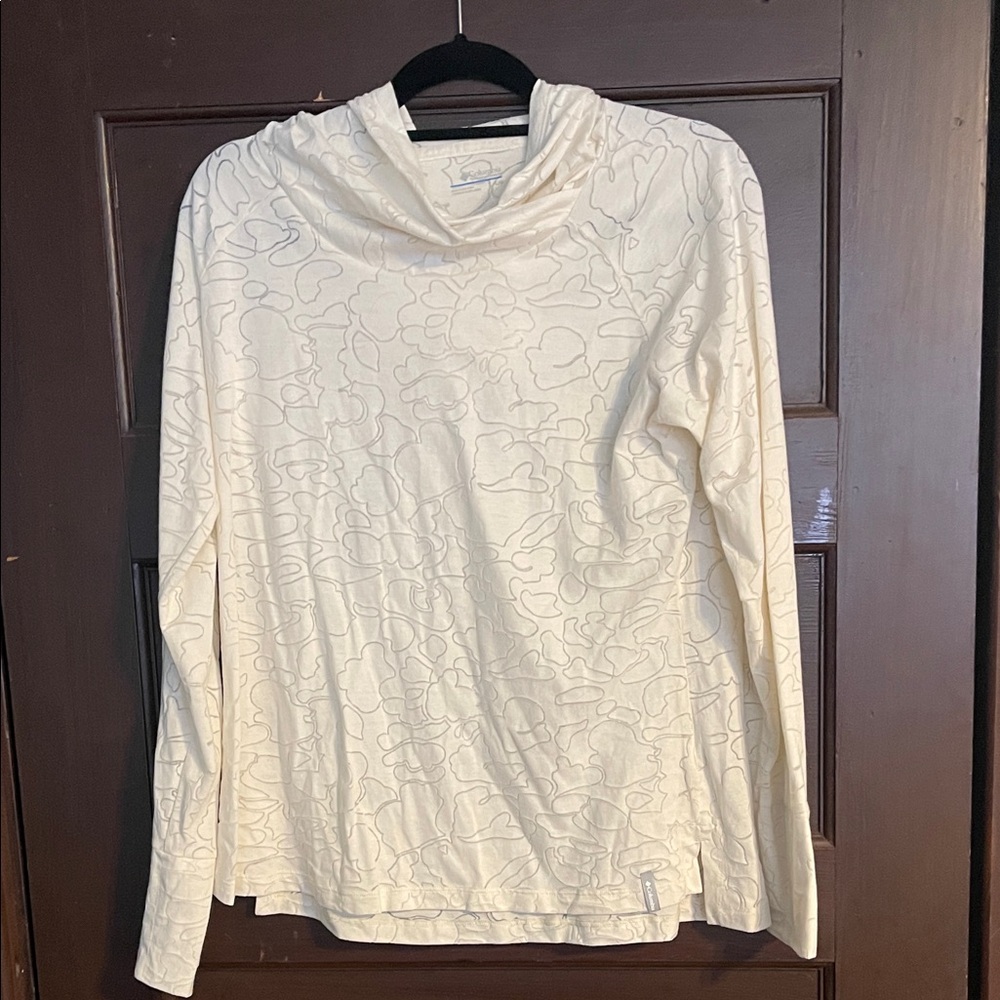 Columbia Off-White Long Sleeve Cloud Pattern Hooded Sheer Top